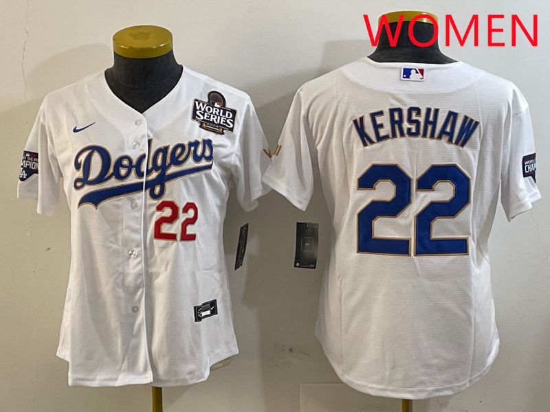 Women Los Angeles Dodgers #22 Kershaw White Gold Game 2025 Nike MLB Jersey style 7->youth mlb jersey->Youth Jersey